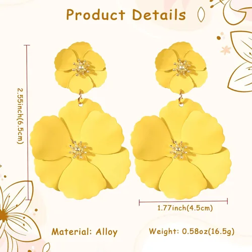 Vista 2 de Aretes de flores de playa de verano para mujeres y niñas, aretes colgantes de doble flor bohemios, aretes colgantes de pétalos florales en capas