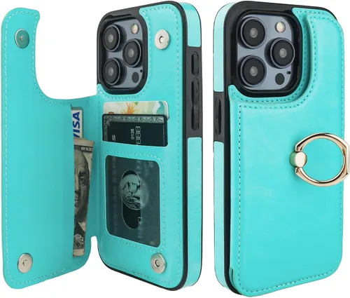 Vista 16 de ONETOP - Funda tipo cartera para iPhone 15 Pro con soporte para tarjetas, anillo de rotación de 360°, bloqueo RFID, piel sintética, doble cierre