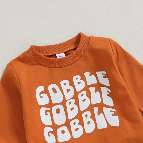 Vista 2 de Conjunto de 2 piezas de ropa de Acción de Gracias para bebé, sudadera con cuello redondo y estampado de letras, pantalones de pavo, 2
