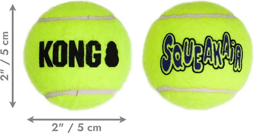 Vista 3 de KONG - Pelota Squeakair - Juguete para perros, pelota de tenis premium con suave chasquido, suave para los dientes (Pequeño (paquete de 6))