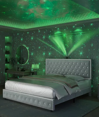 Vista 9 de Base de cama de plataforma tapizada tamaño Queen con cabecera LED, proyector de estrellas integrado y cabecera ajustable, no necesita somier, fácil