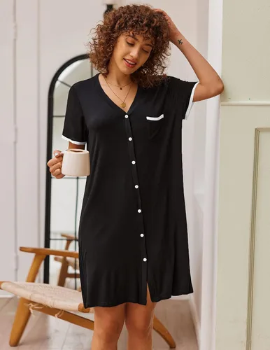 Vista 2 de Ekouaer Camisones para mujer, pijamas con botones, manga corta, cuello en V, ropa de dormir S-3XL