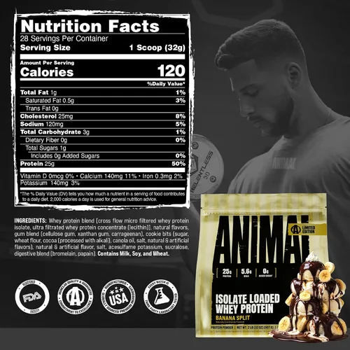 Vista 6 de Animal Whey Protein Isolate Powder 25g Protein Banana Split 2lb