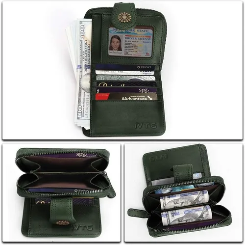 Vista 7 de Billeteras de cuero plegables para mujer, estilo vintage, hechas a mano, pequeño, con cremallera, Verdeoscuro, Billetera plegable