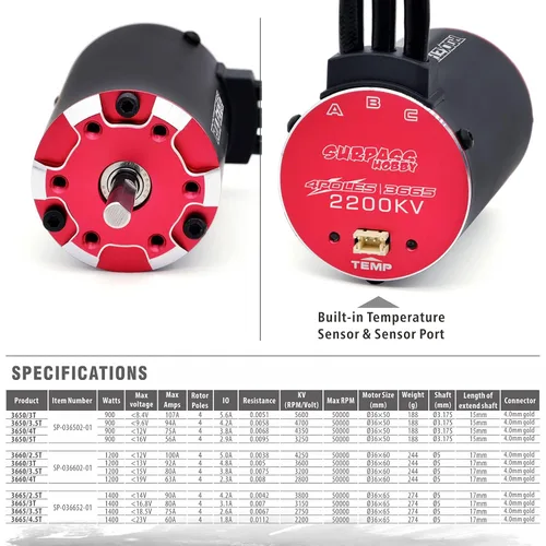 Vista 6 de Surpass RC Motor supersónico sin escobillas 3665 2200kv 4 polos y sensor de temperatura integrado motor y puerto de sensor para 1/10 vehículo RC