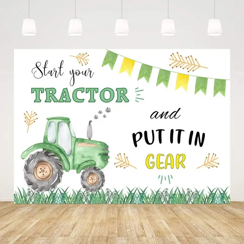 Vista 2 de MEHOFOND Decoraciones de fondo de tractor verde de 7 x 5 pies para niños, granja, suministros de fiesta de cumpleaños, pancarta para ponerlo