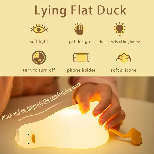 Vista 3 de Linda luz nocturna de pato plano, control táctil, recargable tipo C, lámpara de pato, lindo pato iluminado