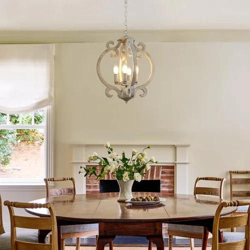Vista 2 de Candelabro de Granja de 4 Luces, Candelabro de Madera Rústica Orbe Desgastado Lámpara Colgante de Estilo Campestre Francés Lámparas de Techo