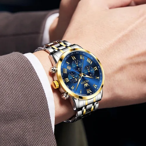 Vista 7 de OLEVS Reloj cronógrafo de acero inoxidable para hombre, con números romanos, fecha, analógico, de cuarzo, para hombre, multifuncional, a la moda