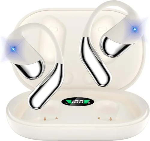 Vista 10 de Auriculares inalámbricos con clip abierto para la oreja con conducción ósea, micrófono integrado, IPX7 impermeable, funda de carga con pantalla LED
