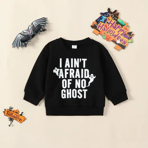 Vista 2 de Gueuusu Ropa de Halloween para bebé niño, sudadera divertida con estampado de letras, manga larga, sudadera con estampado de calabaza