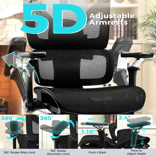 Vista 5 de Ergonomic Mesh Office Chair with Footrest, Big and Tall Home Desk Chair with 5D Flip-Up Arms, Adjustable Lumbar Support, Gaming & Executive Computer