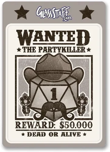 Vista 2 de Glassstaff Wanted Partykiller DND - Calcomanías divertidas de Calabozos y Dragones para hombres y mujeres - Calcomanías geniales para adolescentes