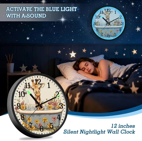 Vista 7 de Luminous Voice-Activated Wall Clocks Non-Ticking Silent Battery Operated Small Analog Clock Cartoon Giraffe Retro Bathtub 12 Inch Decorative for