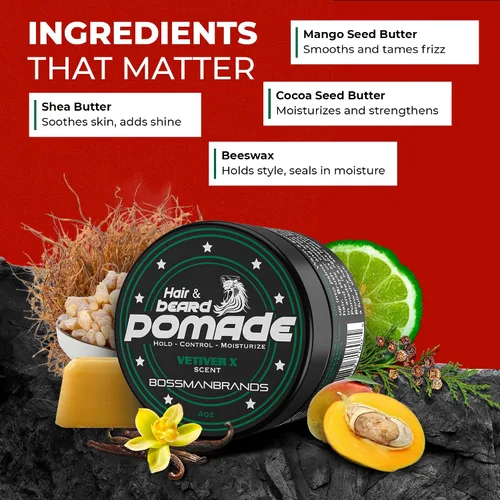 Vista 3 de Bossman Pomada Natural para Cabello y Barba para Hombres (Aroma Vetiver X) – Fijación Media e Hidratante para Peinado de Cabello, Barba y Bigote