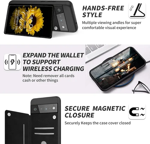 Vista 4 de Funda para Google Pixel 6 Pro con ranura para tarjetero, funda de piel sintética, doble cierre magnético y cubierta duradera de poliuretano girasol