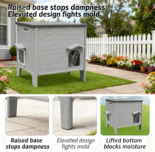 Vista 6 de Casa grande para perros para exteriores, aislada, resistente a la intemperie, doble HDPE, diseño elevado, fácil de montar, interior expansivo, gris