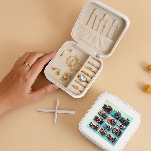 Vista 5 de Retro Cool Camera Collection Print Portable Square Jewelry Box Storage Case For Rings Earrings Bracelets Travel Gift