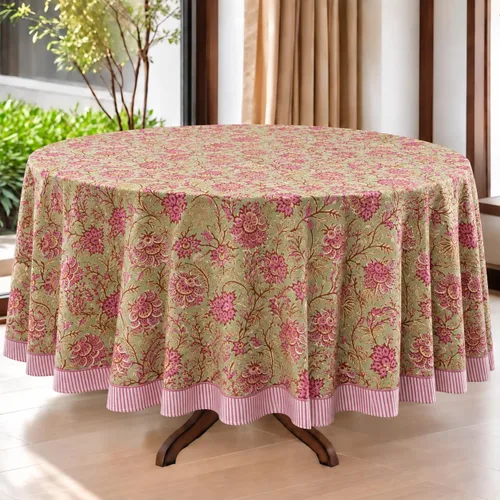 Vista 104 de Ridhi Mantel redondo estampado a mano color rosa flamenco 120 pulgadas 100%