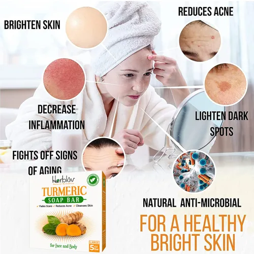 Vista 2 de Herblov Jabón de cúrcuma natural para cara y cuerpo – Jabón iluminador de la piel para manchas oscuras, áreas íntimas, axilas – Lavado facial