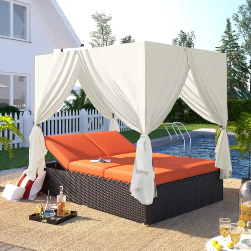 Vista 12 de Harper & Bright Designs Tumbona ajustable para exteriores con dosel, silla reclinable multiposición con cojín extraíble, tumbona de ratán resistente