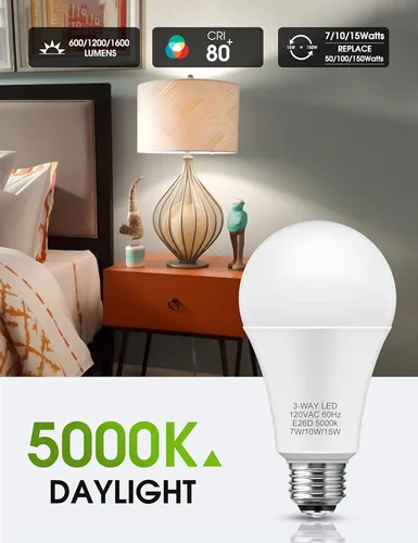 Vista 4 de LOHAS - Bombillas LED de 3 vías, equivalente a 50 100 150 W, luz blanca diurna 5000K, bombillas A19 de tres vías, bombillas LED de base E26