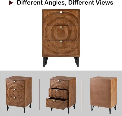 Vista 6 de HOMPUS Cómoda de 3 cajones de mediados de siglo, cómoda moderna con patrón de círculos concéntricos, mesita de noche con 3 cajones