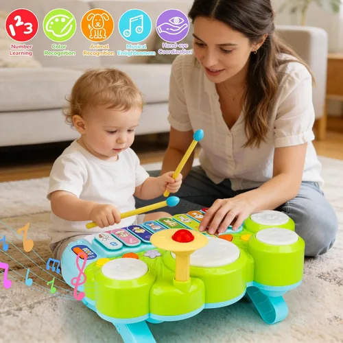 Vista 8 de Juguetes Musicales para Bebés 3 en 1 Piano Teclado Xilófono Juego de Tambores para Niñas y Niños de 1 Año Juguetes Edad 2 Años Instrumento Musical