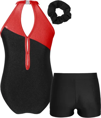 Vista 2 de Kids Girls Ballet Dance Outfits Shiny Sleeveless Gymnastic Leotard with Athletic Shorts Hair Band Tracksuit