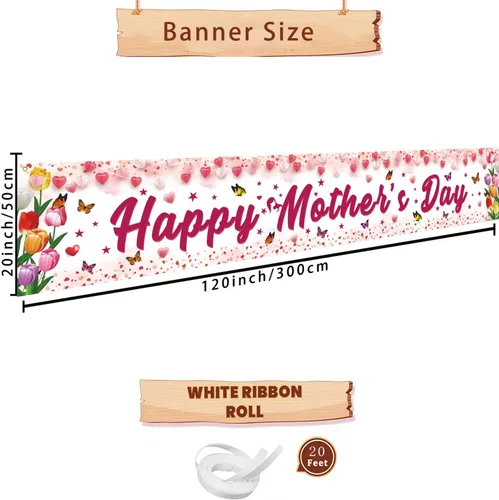 Vista 2 de Decoraciones para el día de la madre, pancarta de feliz día de la madre, tamaño grande, diseño floral rosa con mariposas, decoración para el día