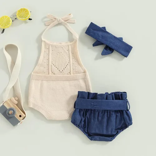Vista 3 de Rtnnsbbfcm Ropa de verano para bebé recién nacida, sin mangas, cuello halter, mameluco floral con diadema de 3 piezas