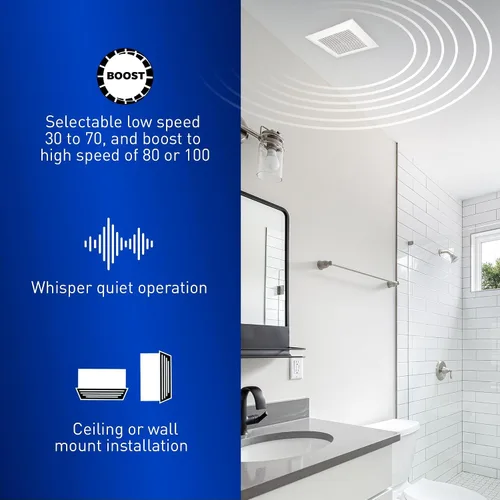 Vista 4 de Panasonic WhisperValue Ventilador Extractor de Baño de Doble Velocidad para Montaje en Techo/Pared, 30 a 100 CFM, FV-0810VSS1