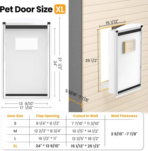 Vista 6 de Puerta de perro para pared, puerta de perro de acero con túnel telescópico, puerta de mascotas resistente a la intemperie con dos paneles de bloqueo