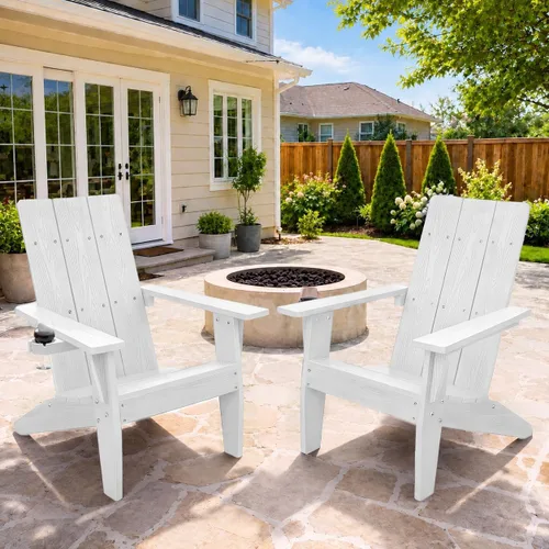 Vista 42 de MXIMU Silla Adirondack moderna resistente a la intemperie con portavasos, sillas de gran tamaño para hogueras Adorondic de plástico al aire libre