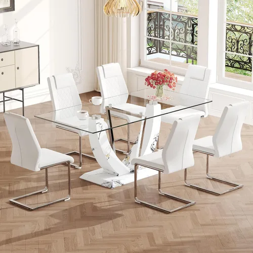 Vista 10 de JUFU Juego de mesa de comedor de cristal de 71 pulgadas para 6, juego de mesa de comedor moderno con base de textura de mármol sintético blanco