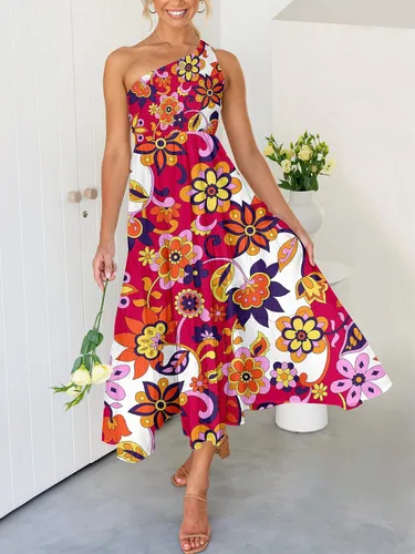 Vista 3 de ANRABESS - Vestido largo bohemio de verano con un hombro, sin mangas, fruncido, con vuelo, escalonado, para fiesta en la playa