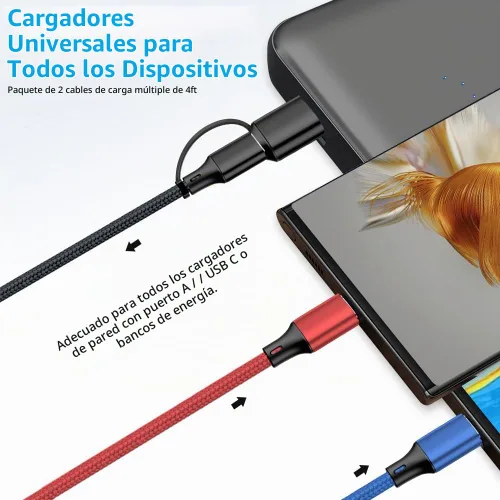 Vista 7 de Puxnoin Cable de carga múltiple 5 en 1, paquete de 2 unidades, cable de 4 pies, cargador múltiple USB C universal con conectores USB C/Micro USB