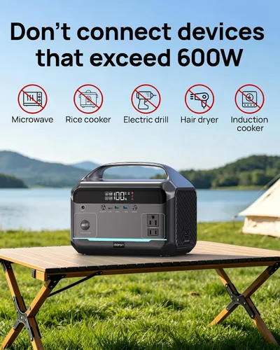 Vista 8 de Estación de energía portátil de 600W (pico de 1200W), generador solar de 288Wh (90,000mAh) con batería LiFePO4 y salidas de CA, carga rápida de 1.7H