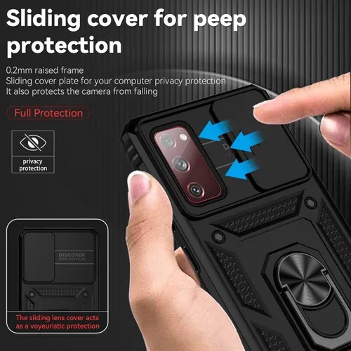Vista 4 de Funda para Samsung Galaxy S20 FE 5G con cubierta para lente de cámara, protector de pantalla HD, soporte de anillo magnético probado contra caídas