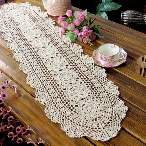 Vista 11 de Pasillos de mesa de algodón de ganchillo hechos a mano, color beige, bufandas ovaladas, 11.8 x 35 pulgadas.