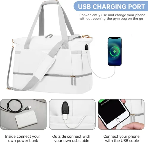 Vista 2 de ETRONIK Bolsa de gimnasio para mujer, bolsa de viaje con puerto de carga USB, bolsa de fin de semana con bolsillo húmedo y compartimento