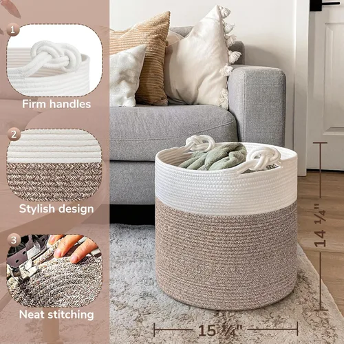 Vista 3 de Goodpick - Cesta tejida de yute para mantas, organización de ropa, cuerda de algodón, 40L Soft Blanket & Laundry Basket with Handles, Baby Toy