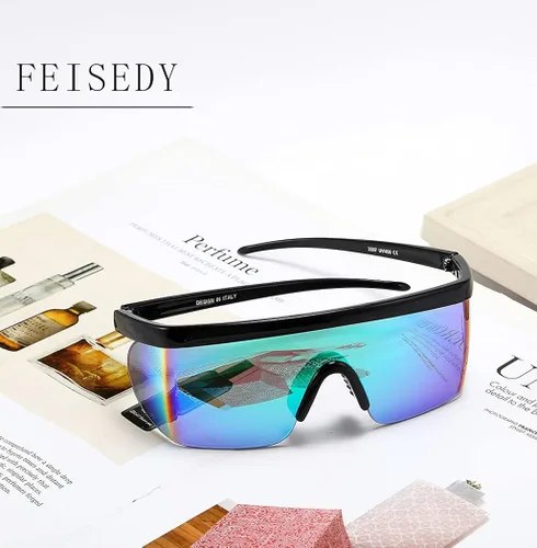 Vista 8 de FEISEDY Gafas de sol deportivas de los años 80 con escudo de espejo de gran tamaño gafas de esquí con parte superior plana visera futurista