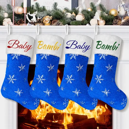 Vista 13 de 1 paquete de medias de Navidad personalizadas con nombres, 22 pulgadas, bordado personalizado, de piel sintética, negro y azul, con copos de nieve