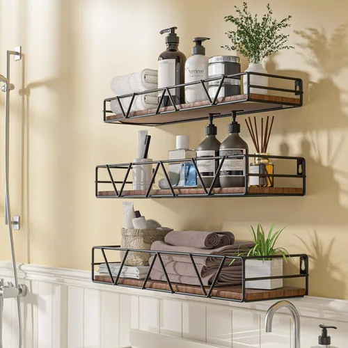 Vista 5 de Amaoot Juego de 3 estantes flotantes, estante de pared de madera para el hogar, estante de granja para dormitorio, estante flotante montado