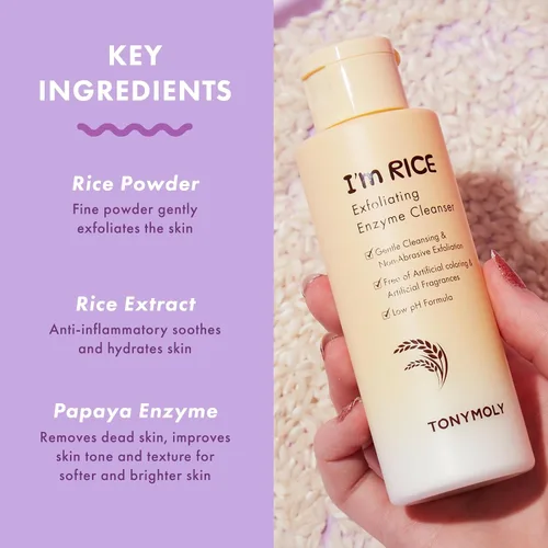 Vista 4 de TONYMOLY I’m Rice Exfoliating Enzyme Cleanser – Lavado facial de polvo de arroz y exfoliante de enzima de papaya, mascarilla suave AHA para una piel