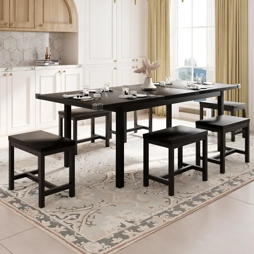 Vista 14 de Feonase Juego de mesa de comedor de 5 piezas para 4-8 personas, juego de mesa de cocina grande extensible de 63 pulgadas con 2 bancos y 2 taburetes