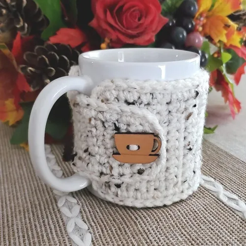 Vista 6 de Taza acogedora con taza de madera y botón de platillo (rojo y avena)