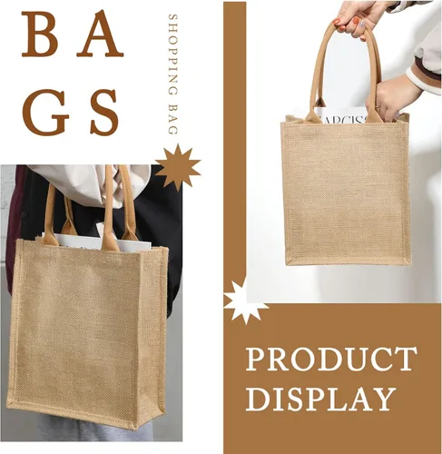 Vista 2 de 16 bolsas de arpillera con asas e interior laminado, reutilizables, en blanco, regalo de dama de honor, bolsa de playa para compras, boda, fiesta