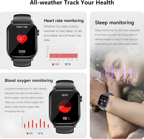 Vista 4 de Reloj inteligente negro para hombres/mujeres, rastreador de fitness de 1.85 pulgadas con monitor de frecuencia cardíaca/linterna, IP67 impermeable